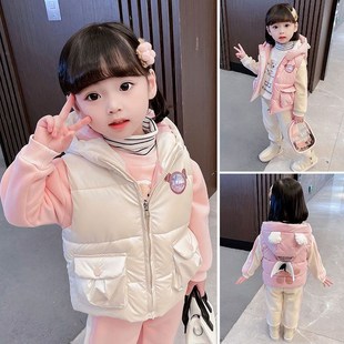 2023新款女童马甲套装秋冬装时尚儿童女宝宝加绒卫衣三件套童装潮