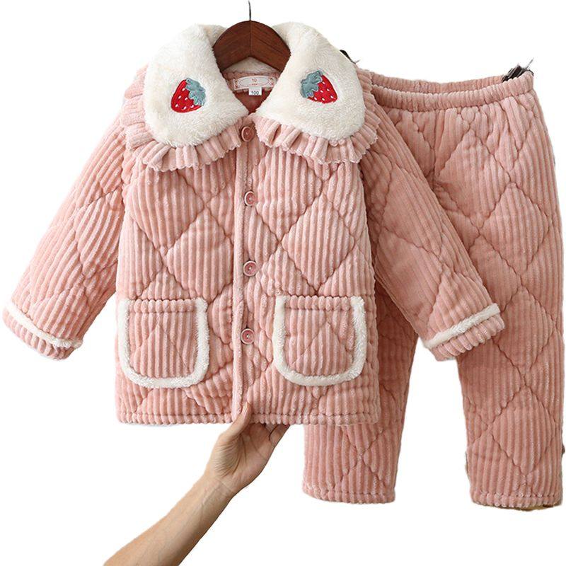 女童冬季宝宝超厚睡衣条纹套装三层加厚夹棉法兰绒女孩保暖家居服