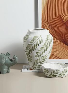 创意北欧田风园绘绿叶陶摆瓷花瓶售楼处别墅玄关客KBB厅艺术手花