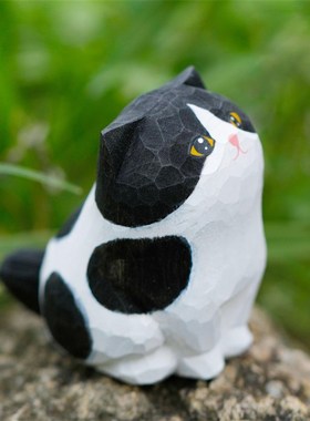 手工木雕奶牛猫摆件软萌可爱办公桌E面装饰实木雕刻玩偶创意小礼