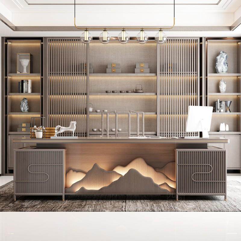 新中式ECN大办班台主管桌轻奢老板桌总裁办公气约室实木公桌椅简