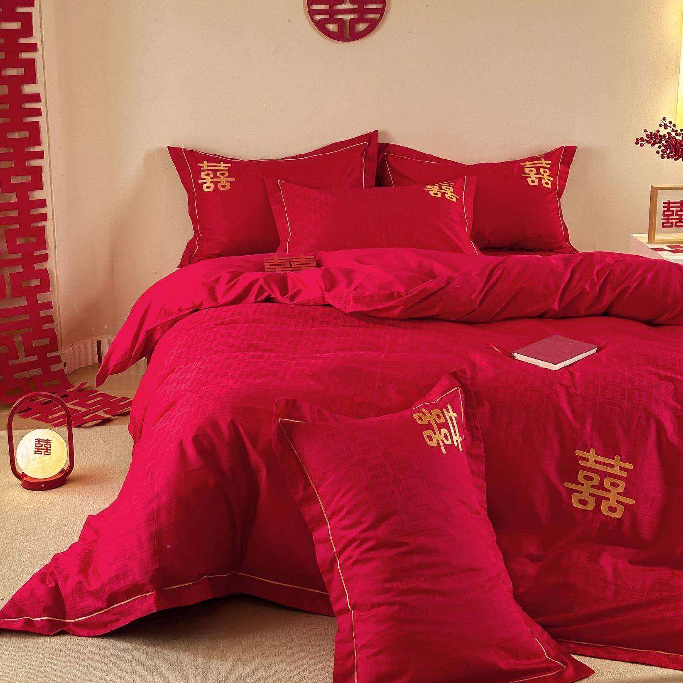 约大气色婚庆家纺支100JL1041简长绒棉红刺绣四件套结婚床上用品,床上用品,婚庆床品套件,淘宝优惠券,粉丝福利购,淘宝优惠卷