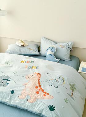 恐龙孩被QAW水棉套枕套男床单床洗笠款床上用品四件套三件套