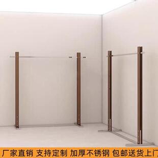 服装店展示架中古风复古胡桃木挂衣架子加厚不锈钢落地实木中岛架