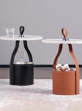 意大利马鞍皮边几轻奢储物书架角几创意橙色意式极简设计师圆茶几