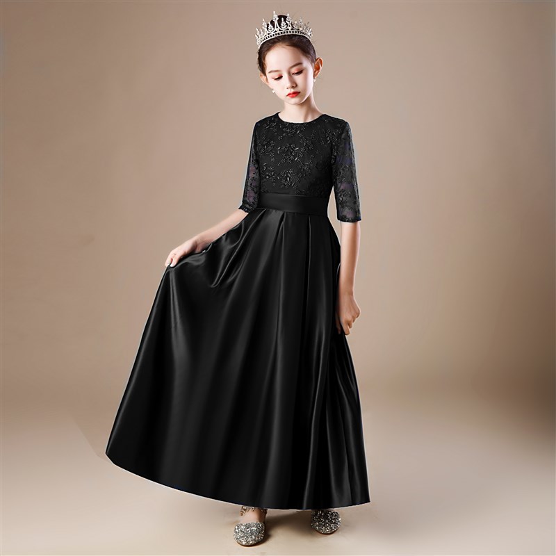 黑色大儿童礼服女童钢琴小提琴演出服管弦乐团大合唱公主裙长袖冬