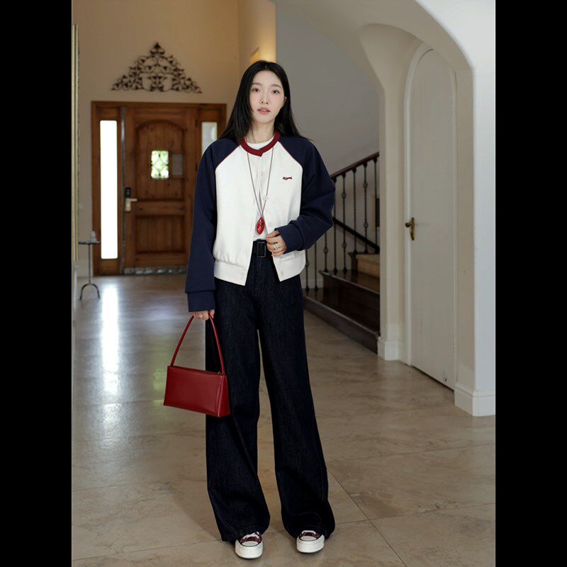 郭九九呢复古撞色绣花插肩袖棉服毛呢外套秋季百搭显瘦弯刀牛仔裤,女装/女士精品,时尚套装,淘宝优惠券,粉丝福利购,淘宝优惠卷