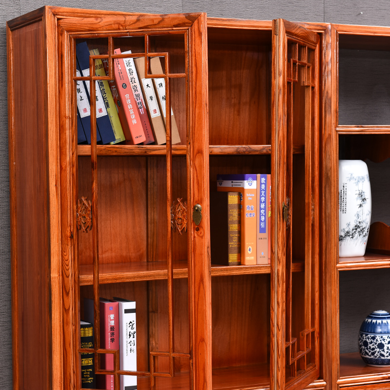 中式书橱收纳柜三组合 实木书柜书架储物柜带门自由组合仿古榆木