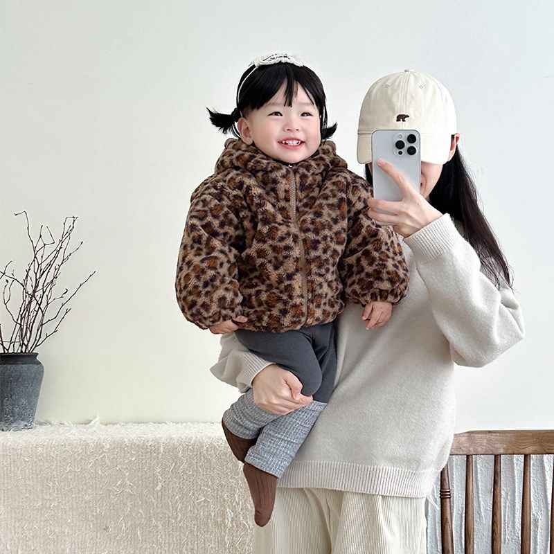 女童冬季加绒豹纹外套婴儿棉服套装男宝宝连帽棉衣儿童加厚打底裤