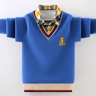 男童卫衣秋冬款假两件中大童加绒加厚打底衫套头儿童男孩百搭学生