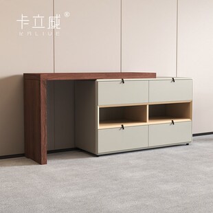 意式极简梳妆台斗柜胡桃木色原木风收纳柜伸缩化妆桌一体卧室书桌