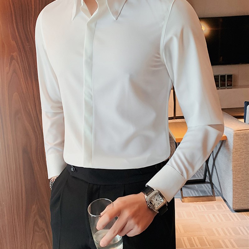 法式暗扣衬衫男高级感修身长袖免烫西服打底衬衣高冷禁欲系白寸衫