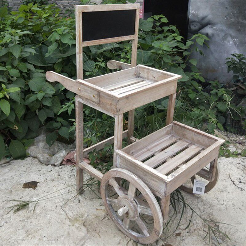 美式乡村做旧推车带轮子三层花架置物架黑板咖啡馆店铺装饰花车