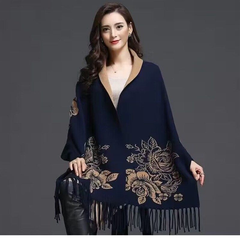 两面可穿秋冬季带袖子披肩牡丹提花配旗袍针织中长款斗篷开衫外套