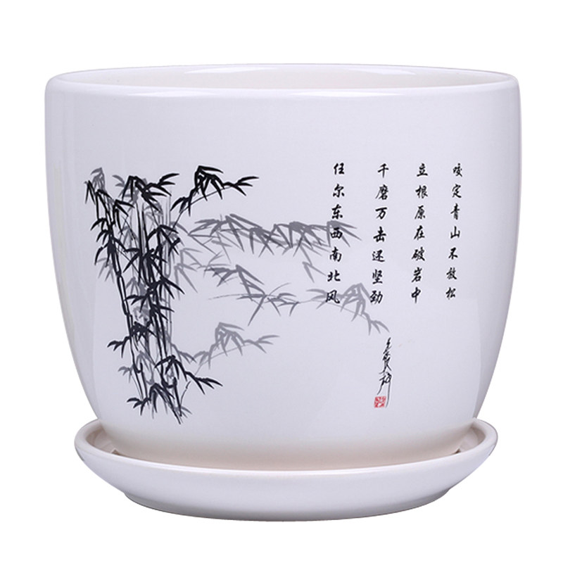 中国风花盆陶瓷带托盘 特大号个性绿植创意室内阳台多肉植物盆栽