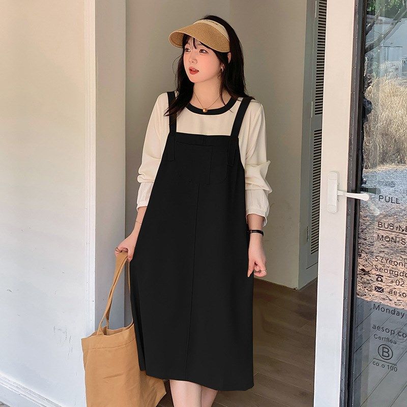 学院风连衣裙2024秋新款220斤胖mm加大码休闲宽松显瘦背带假两件