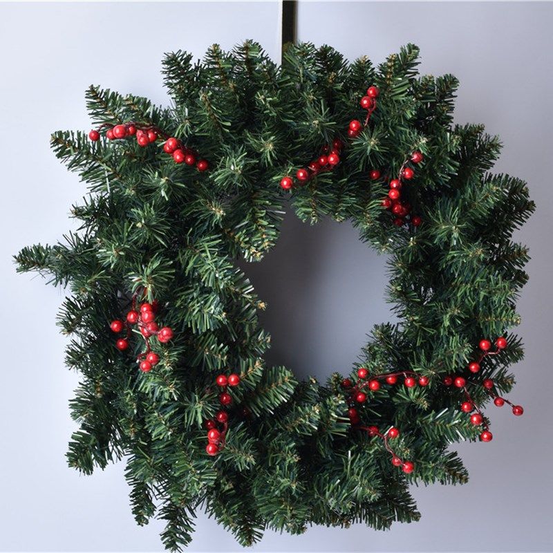 圣诞节装饰花环40/60CM绿色PVC花圈装饰品圣诞橱窗布置花环带红果