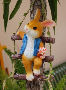 创意卡通兔子爬绳梯树挂花园壁挂装饰幼儿园庭院民宿盆挂户外摆件