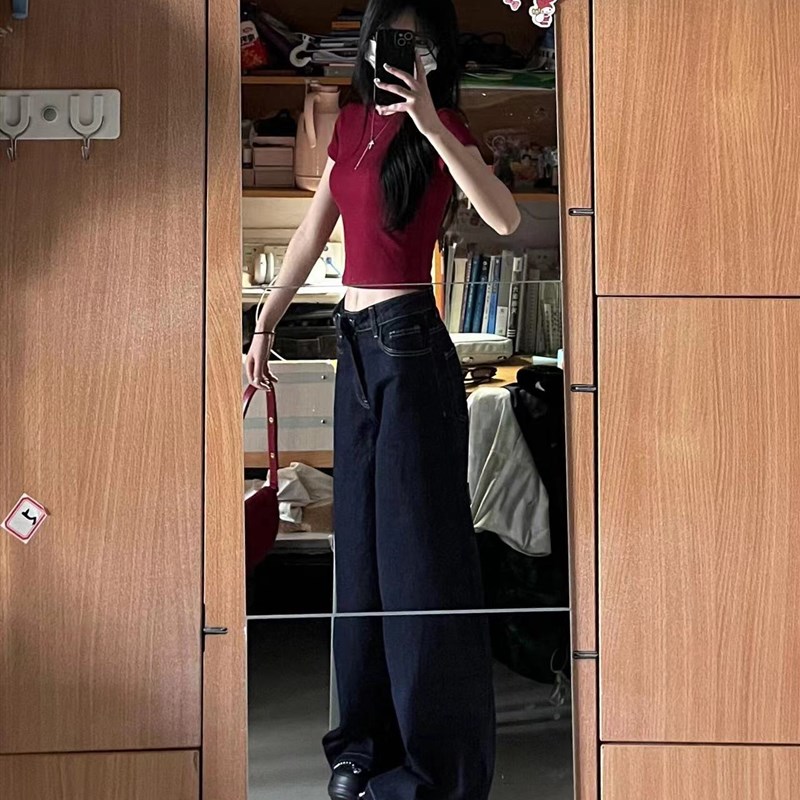 夏季薄款深色阔腿牛仔裤女2025新款复古宽松百搭显瘦垂感拖地裤子