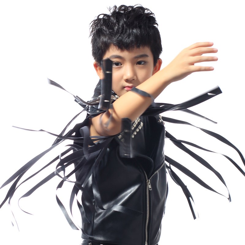 流苏修身卯钉铆钉皮马甲男童大童儿童舞台表演演出服街舞舞蹈服装