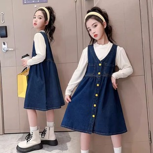 女童连衣裙春装洋气蓝色裙子中大童长袖春秋款牛仔背带裙两件套装