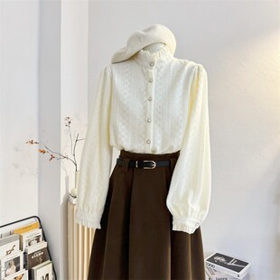 木耳花边立领蕾丝衫加绒加厚衬衫女秋冬法式气质内搭打底小衫上衣