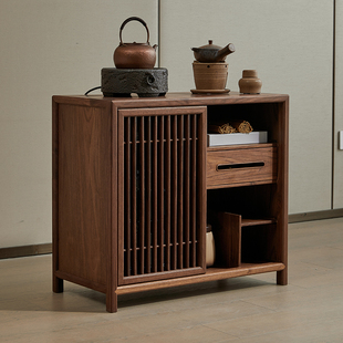 茶水柜黑胡桃木新中式实木茶桌侧边柜泡茶台家用办公室茶具置物柜