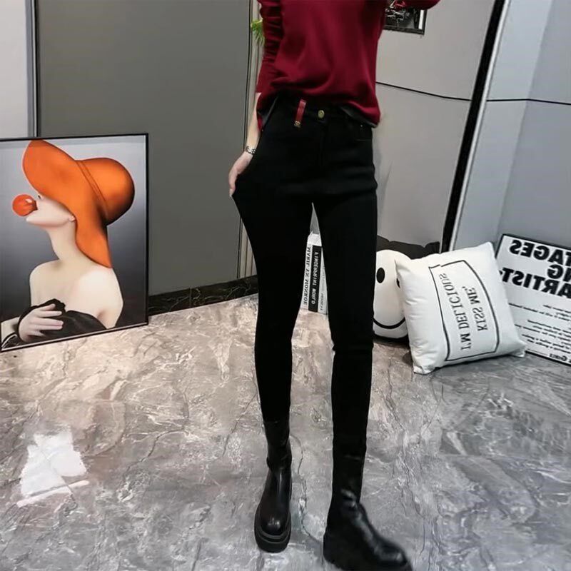 牛仔裤冬季胖MM梨型身材高腰百搭小脚女装新款加绒加厚九分铅笔裤