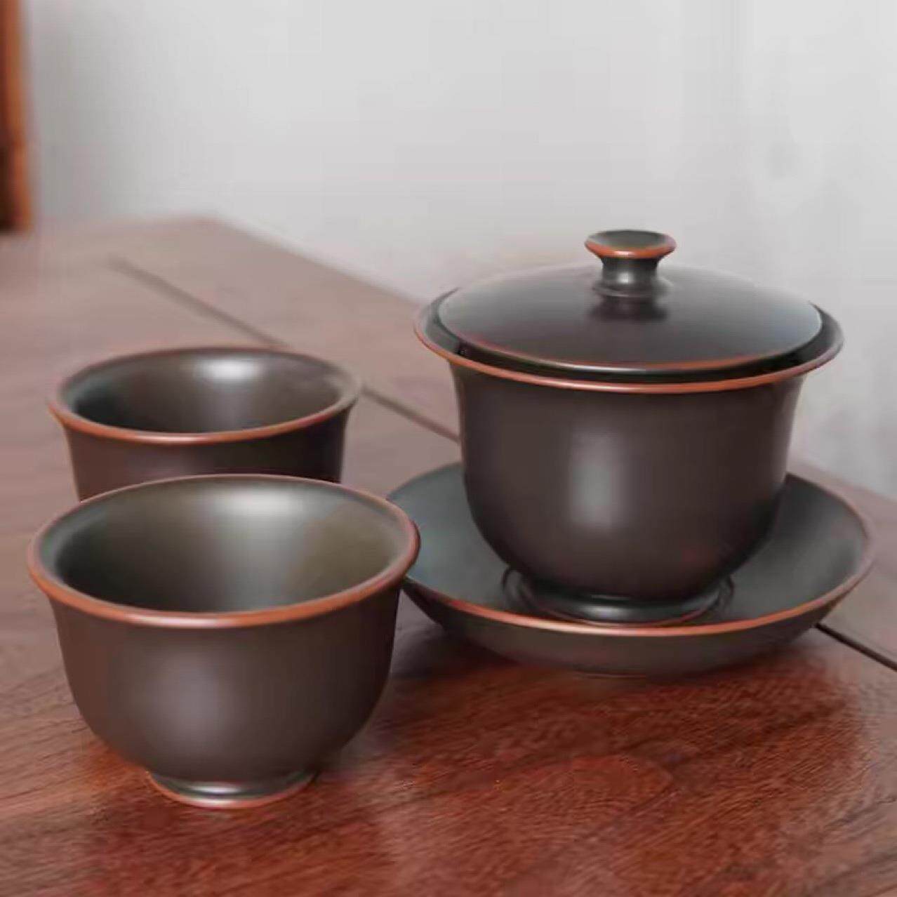 新中式盖碗纯手工钦州坭兴陶茶壶全孔自带过滤免茶漏盖碗带盖防烫