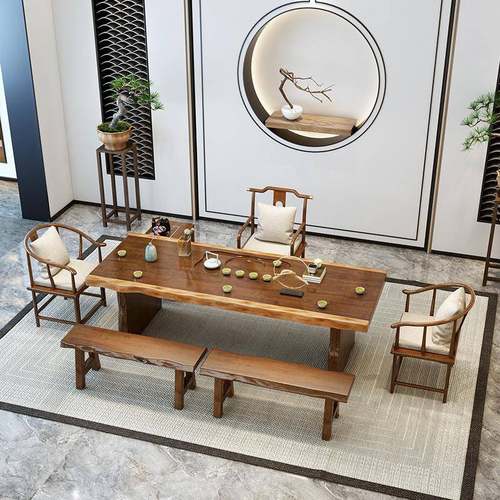 新中式自然边全实木茶桌办公室接待洽谈桌椅客厅会客大板泡茶台