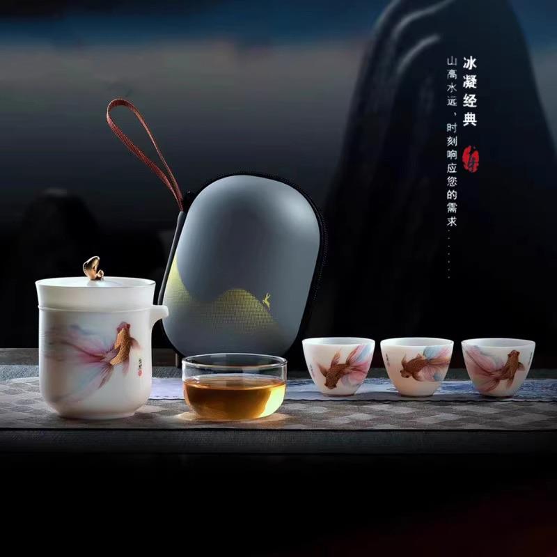 黄旭东大师羊脂玉瓷旅行茶具一壶三杯快客杯便携户外泡茶壶茶杯
