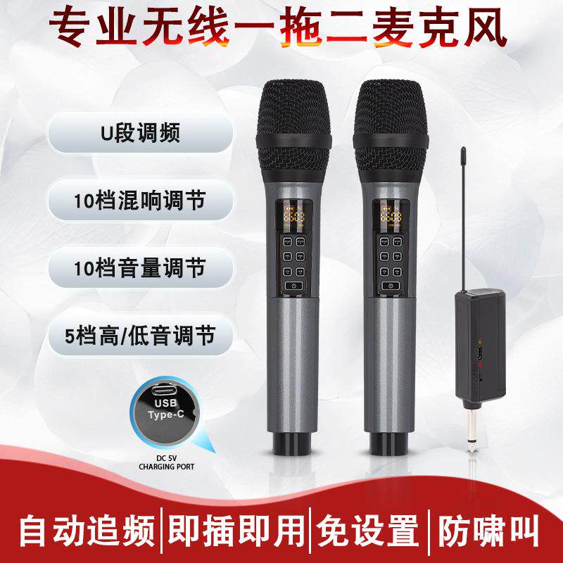 U段无线麦克风混响多功能一拖二话筒演出户外音响ktv声卡通用直播