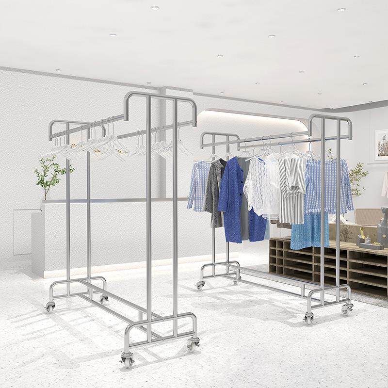 服装店不锈钢落地展示架双杆双杠挂衣架晾衣架中岛架男女装陈列架