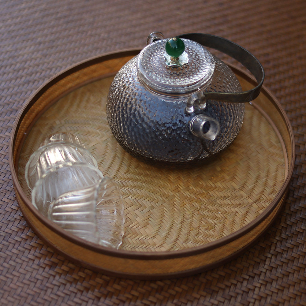 手工竹编圆簸箕茶道器具收纳托盘奉茶盘茶点干果盘竹制工艺品