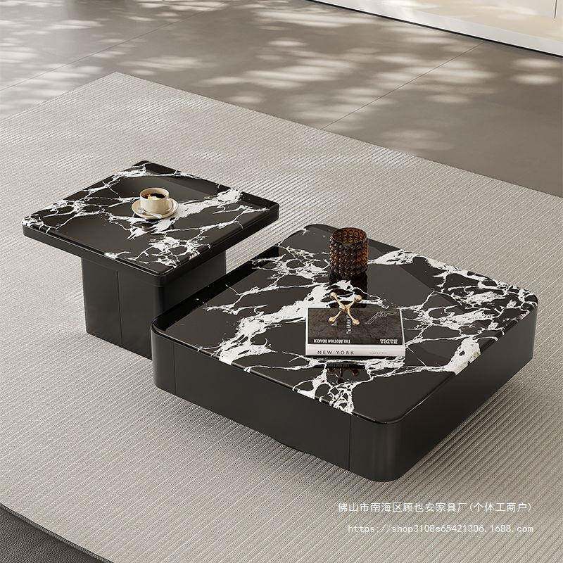 顾以意式方形微晶石茶几岩板组合家用客厅家用小户型轻奢黑色茶几