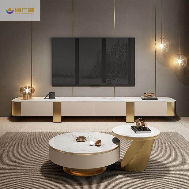 润广盛意式轻奢现代电视柜圆形岩板茶几网红带抽屉创意设计师家用