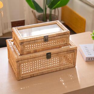 手工藤物编桌面收纳藤编收纳盒子带盖透方收明纳筐家居杂储物盒长