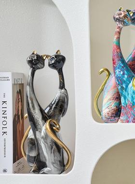 北欧家创意抽BSD象感油画情侣对术猫摆件居客厅艺玄关摆设轻奢装