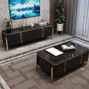 轻奢大理石茶CFW几电视柜组合长玻正方形简约现代厅客不锈钢茶几