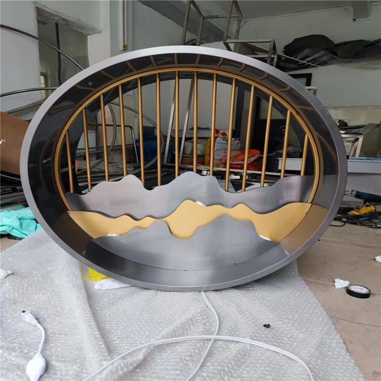 不锈钢304新中式圆形屏风山玄201304关装饰雕水墙镂空钛金花属背