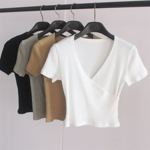 高腰露脐瑜伽小衫 2020春夏季 女紧身短款 T恤 交叉V领上衣 纯棉短袖