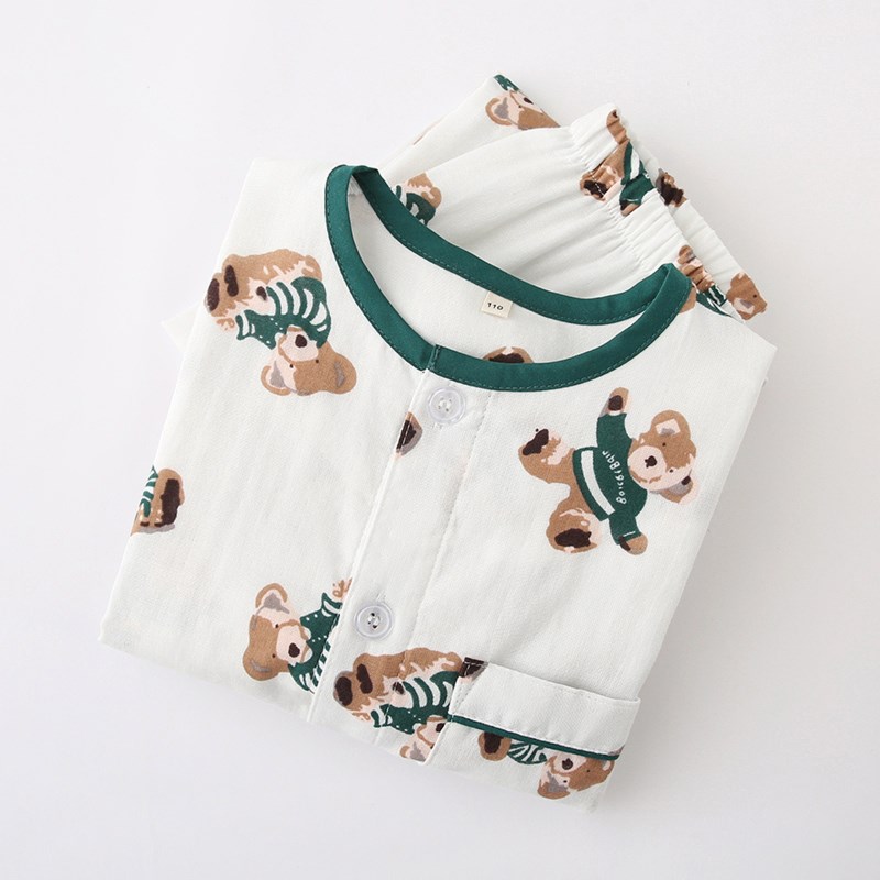 夏季纯棉纱布薄款男童睡衣套装可爱卡通短袖短裤儿童男孩家居服