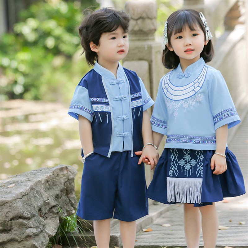 儿童汉服套装少数民族服装苗族壮族三月三古装男女童短袖演出服