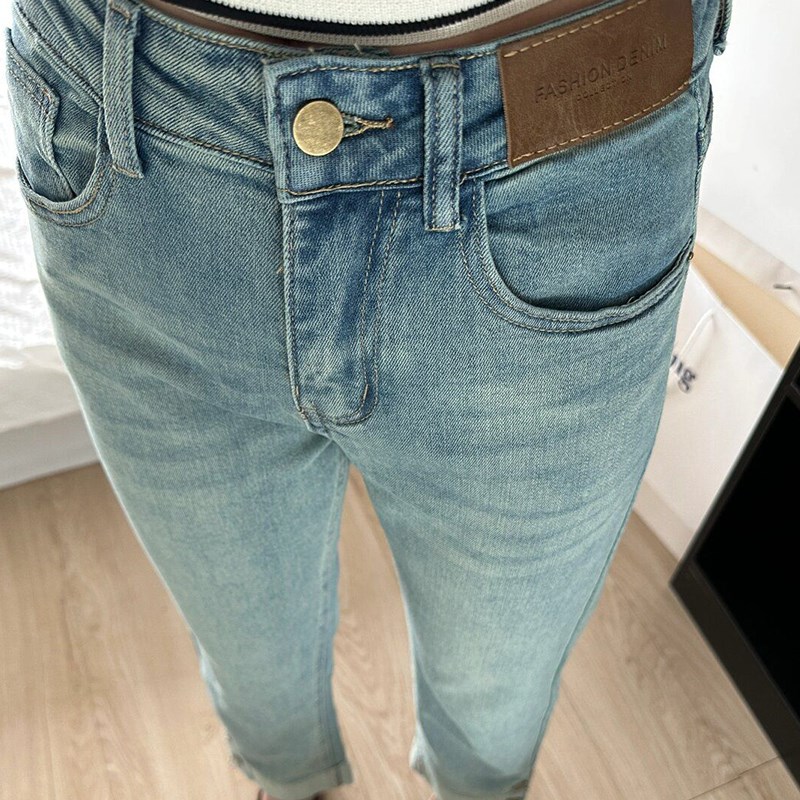 300斤大码胖mm窄版高腰直筒牛仔裤女显瘦小个子百搭九分烟管裤子
