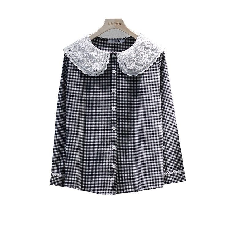 小格子女装新款复古打底娃娃领衬衫荷叶边上衣宽松长袖衬衣薄大码