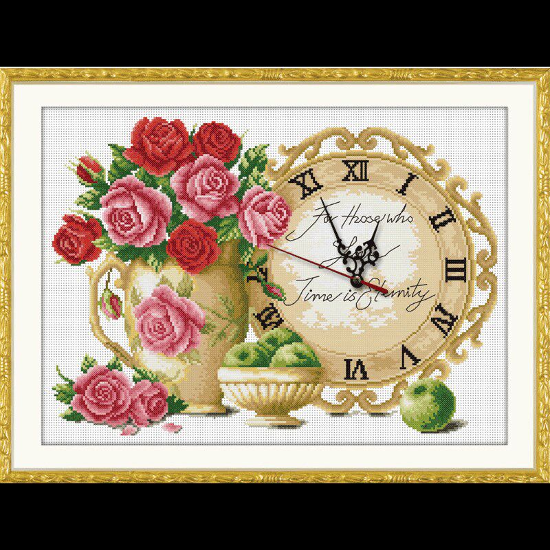 十字绣挂钟表线绣古典花瓶玫瑰花语客厅卧室饭厅餐厅小型新款2025