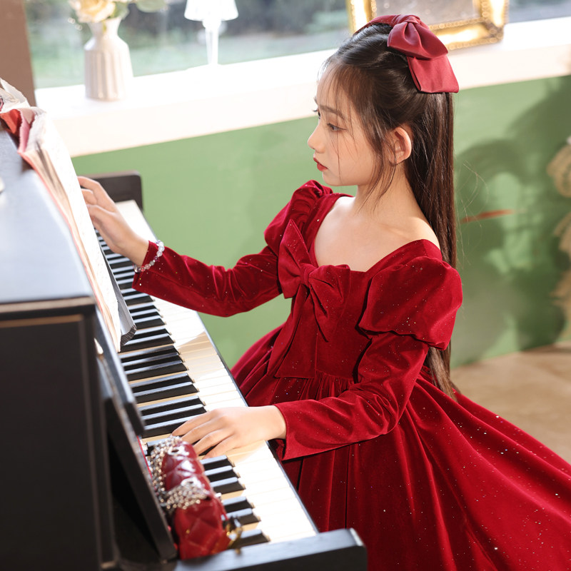 女童红色高端晚礼服秋冬季加绒钢琴演奏儿童公主裙小主持人演出服