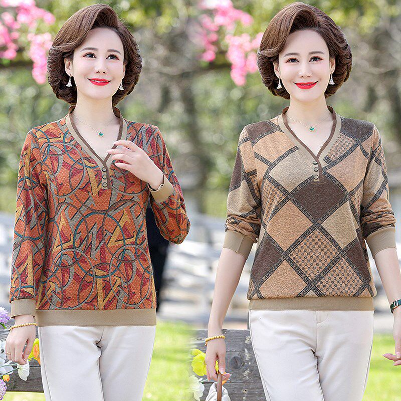 时尚妈妈装春秋新款长袖t恤中老年人女士宽松打底衫上衣洋气小衫