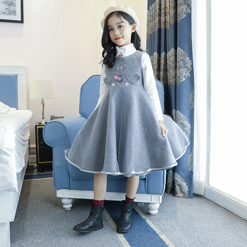 女童背心裙秋冬马甲裙童装红色女孩中大童连衣裙公主儿童毛呢裙子