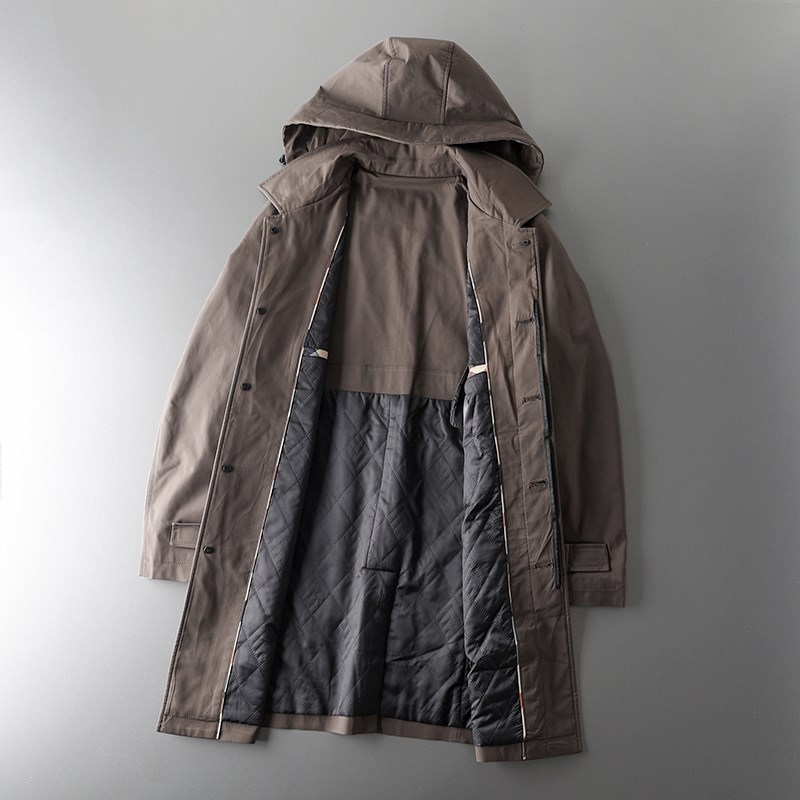 简约利落英伦风秋冬新款 防风防水中长款连帽薄夹棉风衣外套男潮